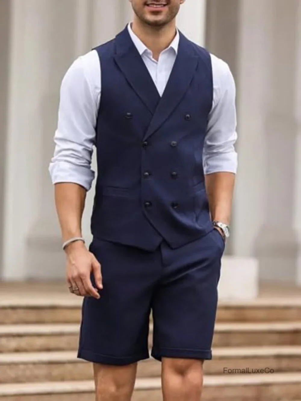 Men's 2-Piece Slim Fit Summer Suit Set Shorts Tuxedo Vest Polyester